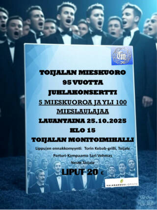 Toijalan mieskuoro 95-vuotisjuhlakonsertin mainos.