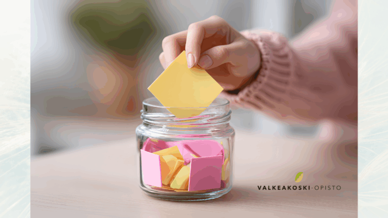 Käsi laittaa lasipurkkiin paperilapun.